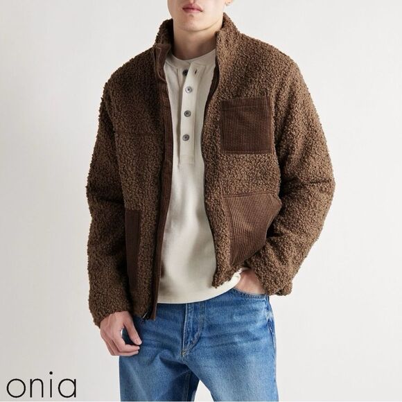 ONIA **NWT** Men’s Bison Brown Corduroy-Trimmed Sherpa Shirt Jacket - Picture 1 of 14